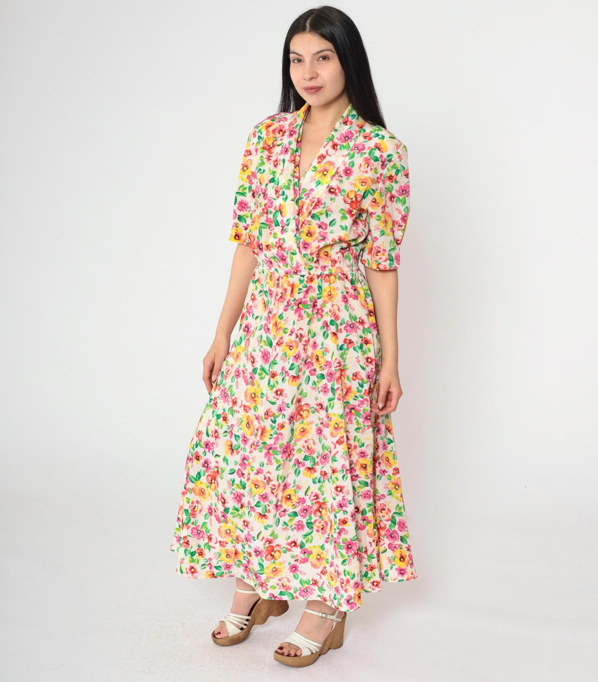80s Liz Roberts Floral Wrap Dress Midi Pink Yellow White V-Neck Medium 8