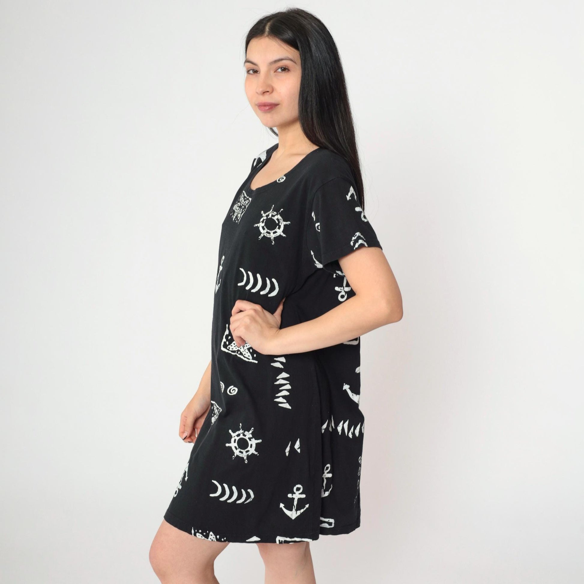 90s Black Nautical Anchor Starfish Print Mini Shift Dress Short Sleeve Medium M
