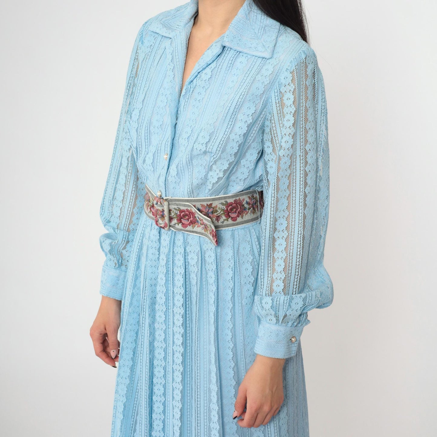 70s Baby Blue Crochet Lace Maxi Dress Pearl Buttons High Waist Small