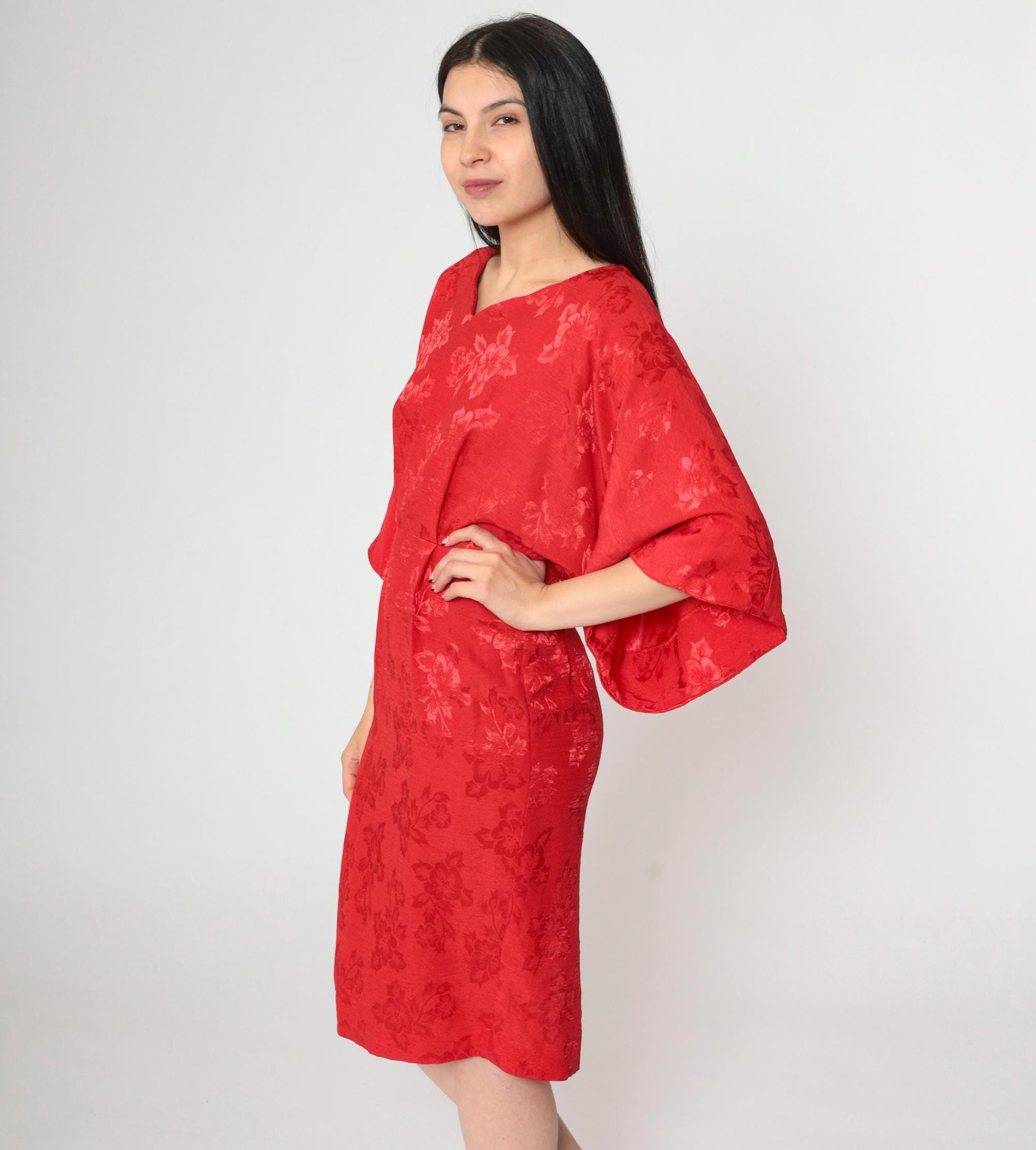 80s Red Jacquard Dress Kimono Sleeve V-Neck Sheath Knee-Length Extra Small