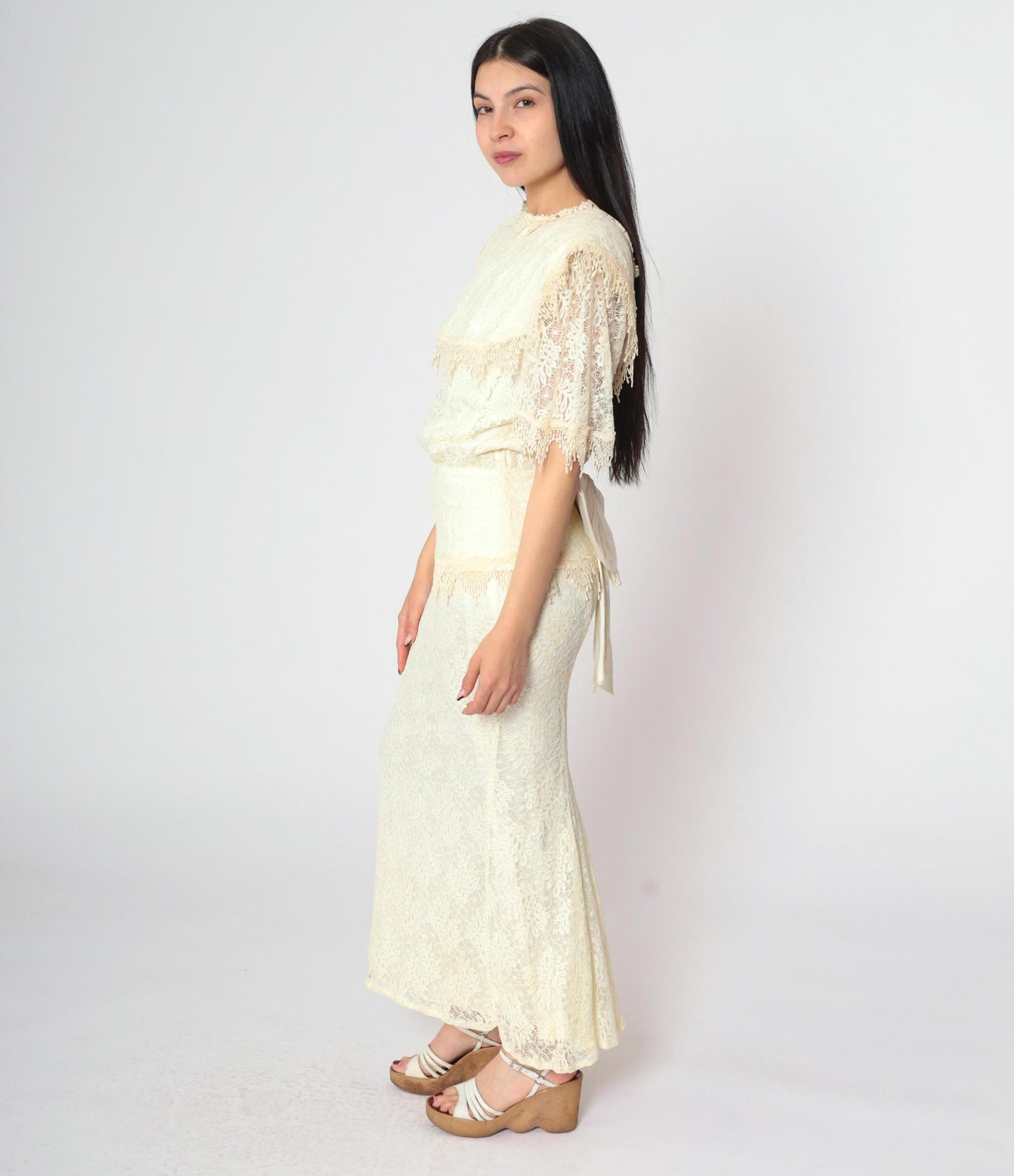 80s Jessica McClintock Ivory Lace Maxi Gown Bow Back Short Sleeve Small