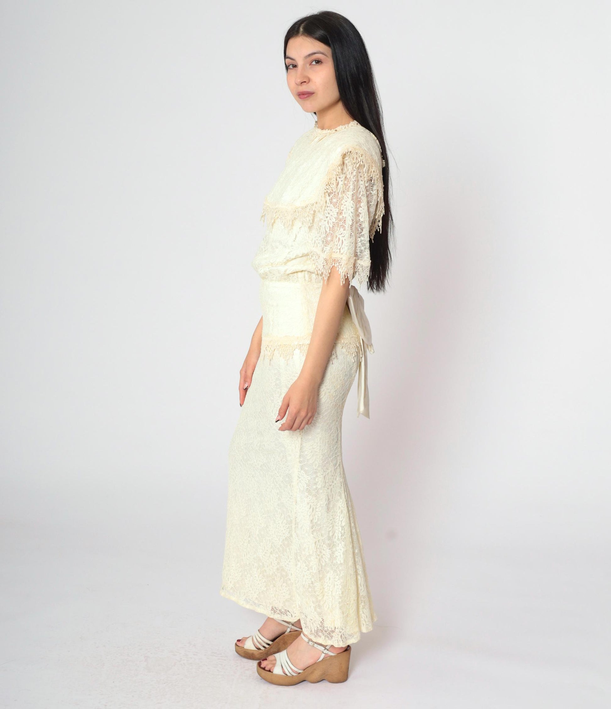 80s Jessica McClintock Ivory Lace Maxi Gown Bow Back Short Sleeve Small