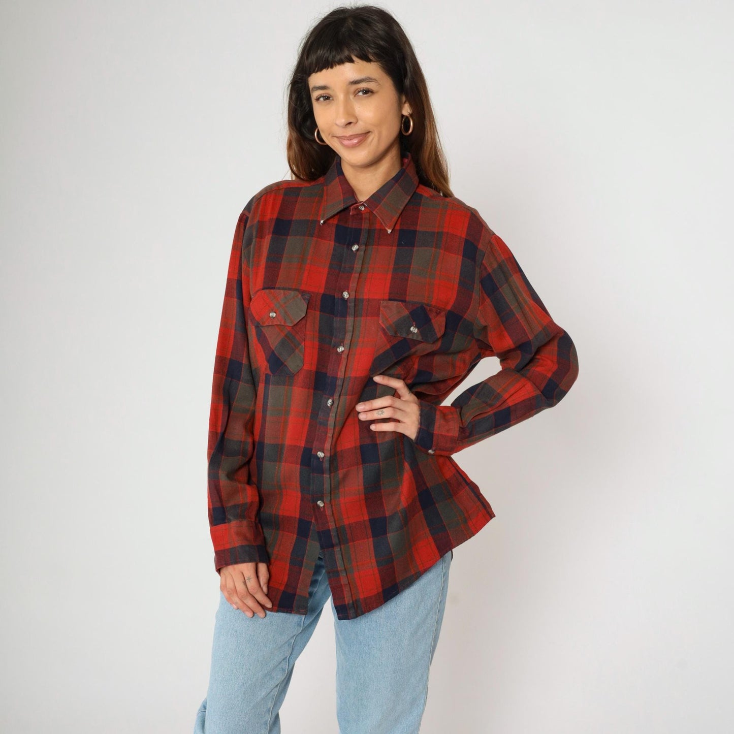 80s Northwest Territory Plaid Button Up Shirt Red Navy Acrylic Men's Large