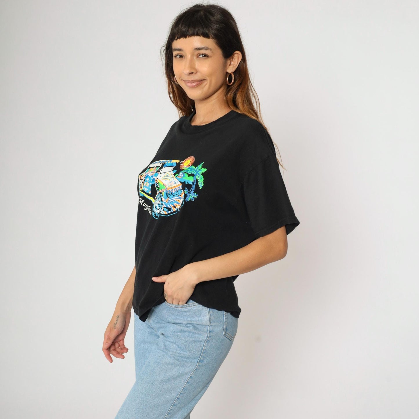 Y2K Mazatlán Mexico Graphic Tee Black Car Palm Tree Print Large L