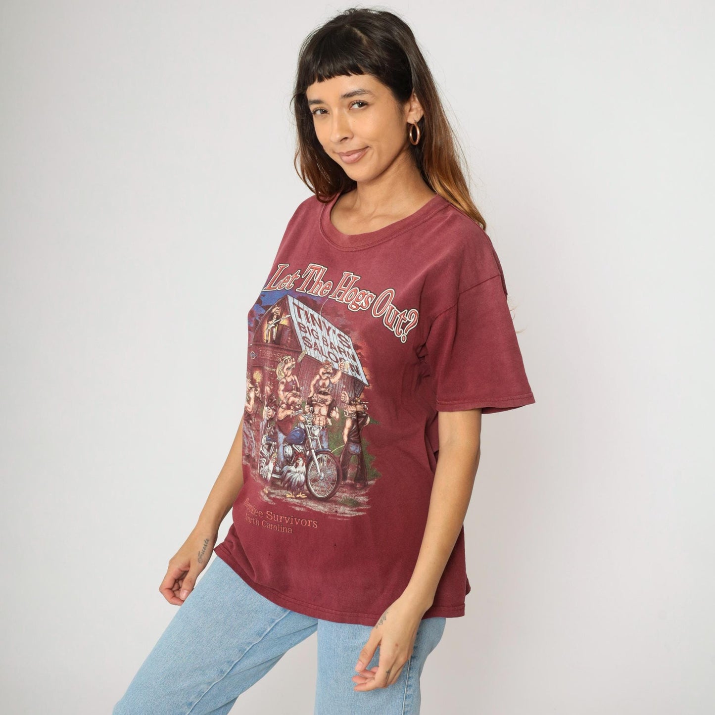 2000s Cherokee Survivors Rally Biker Graphic T-Shirt Maroon Pig Motorcycle Large