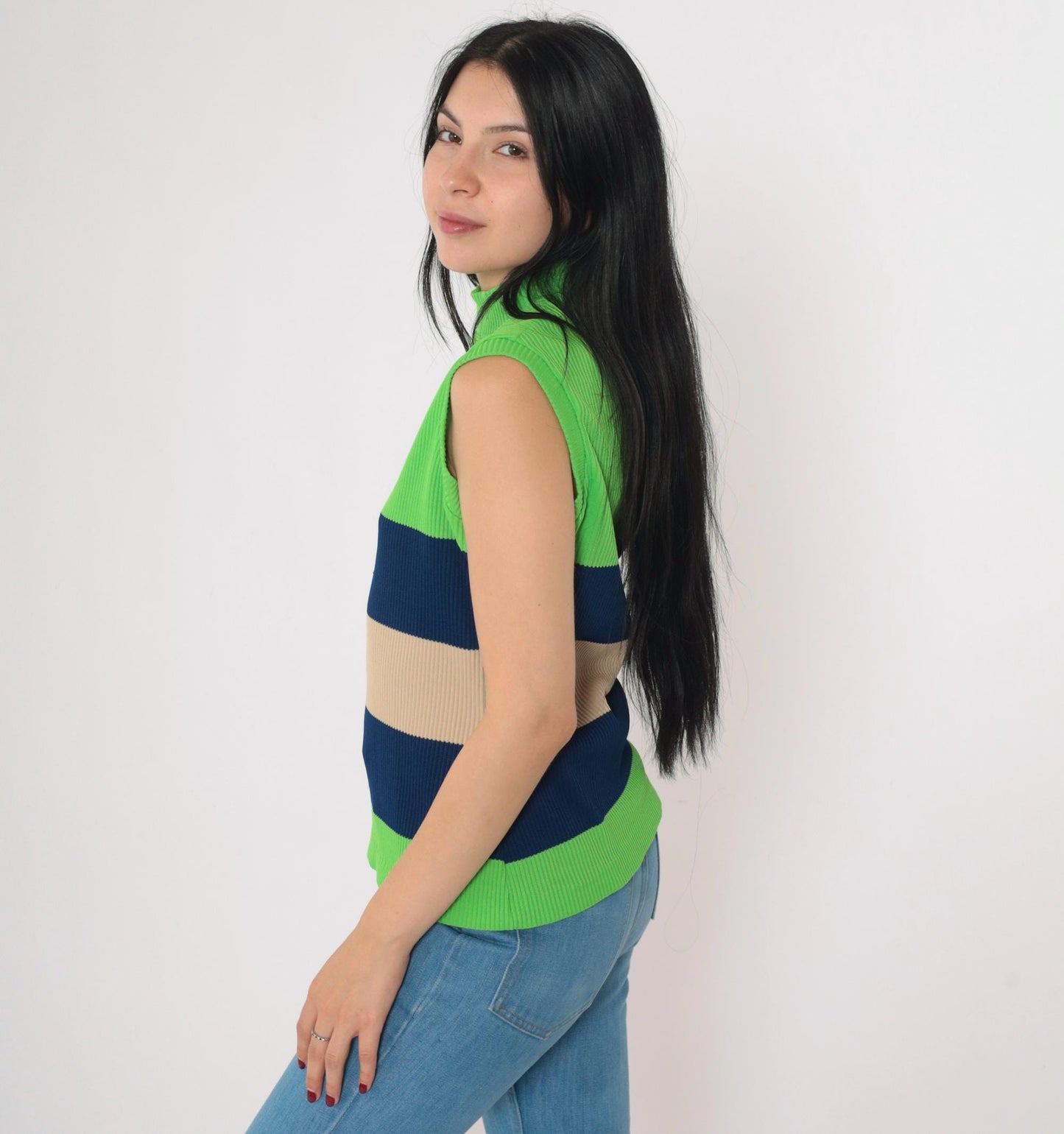 70s Fire Islander Tank Top Lime Green Navy Tan Striped Mock Neck Medium Large