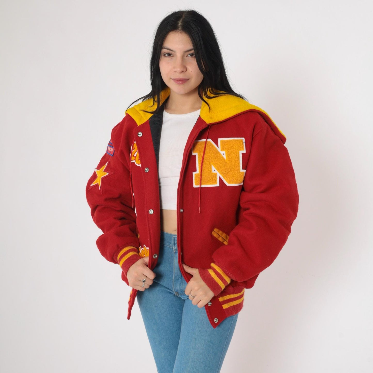 Y2K Letterman Jacket Red Gold Wool Blend Hooded Varsity Coat Large L
