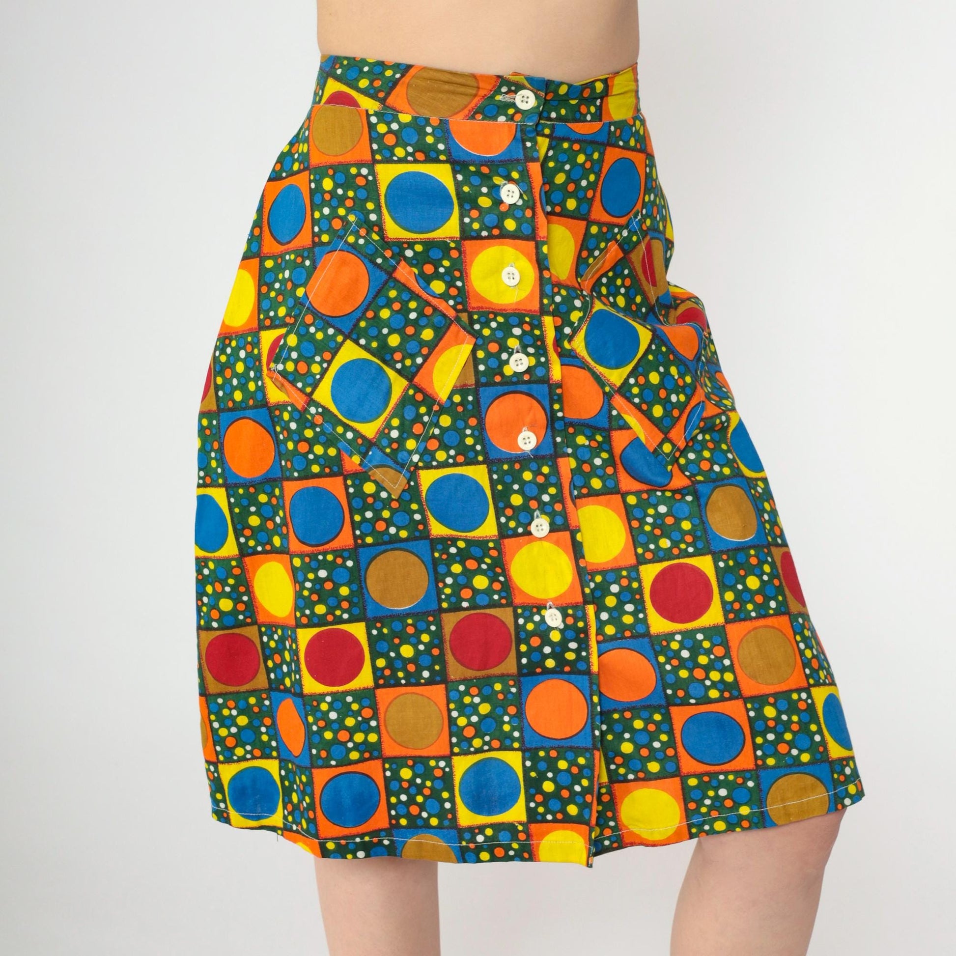 70s Polka Dot High-Waisted Skirt Knee Length Button Front Small