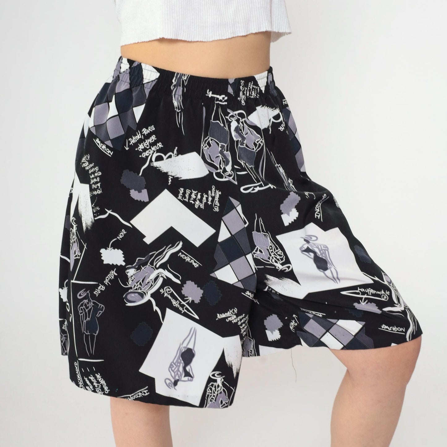 90s Black White Abstract Graphic Shorts Elastic Waist Baggy Medium Large