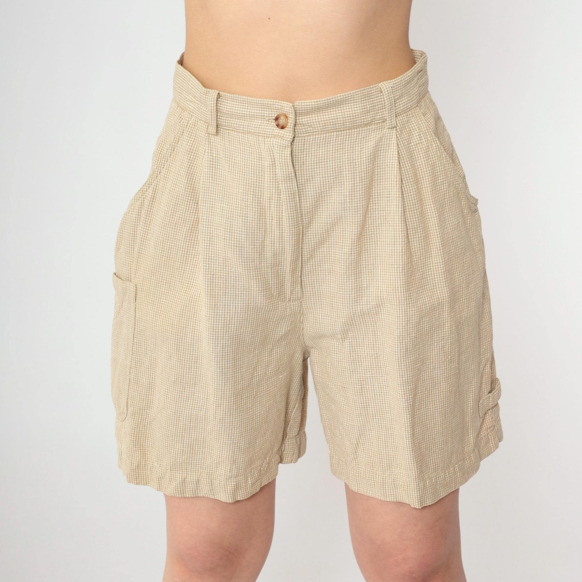 90s Talbots Houndstooth Pleated Shorts Tan High Waist Linen Small