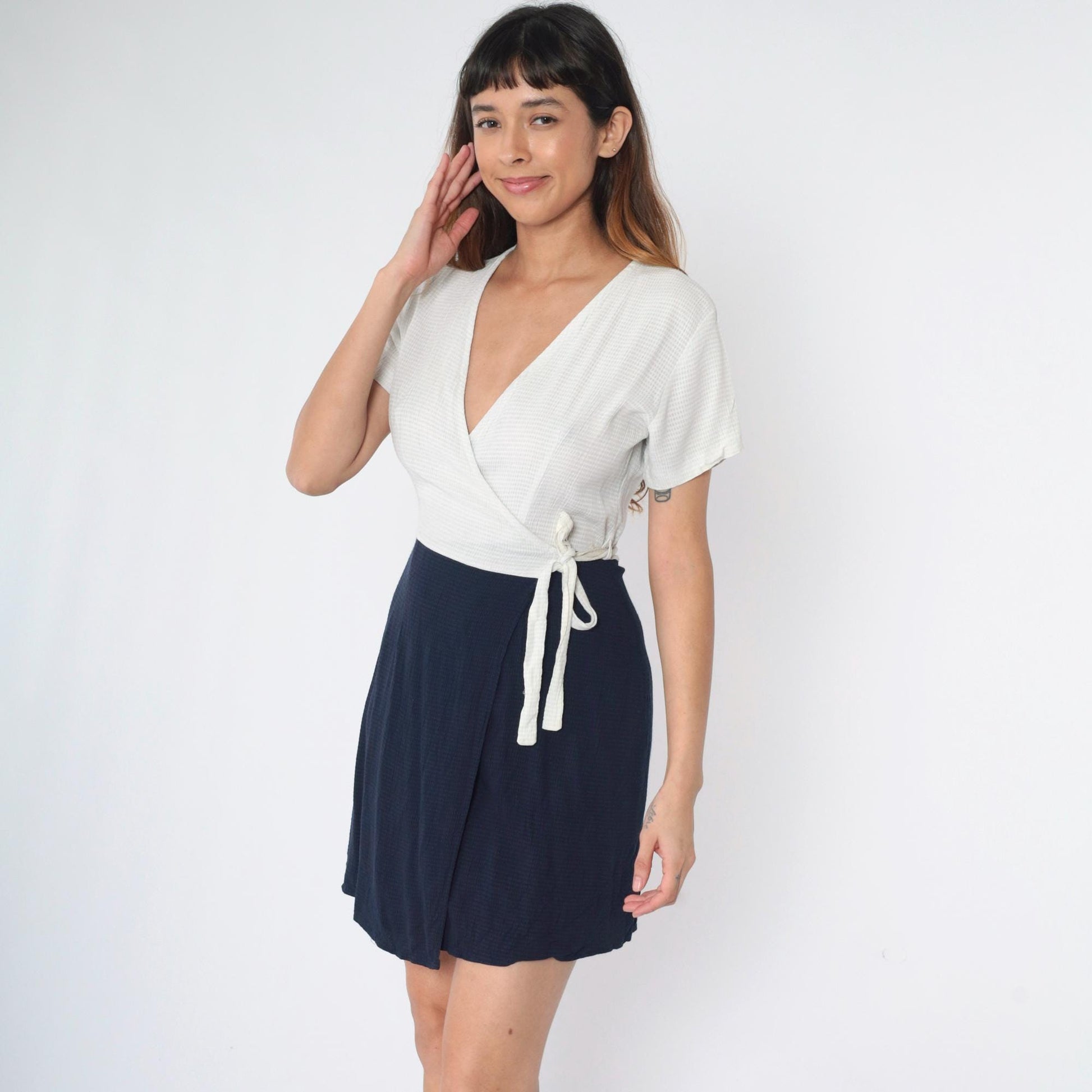 90s Sostanza Gingham Wrap Dress White Navy Mini Short Sleeve Small