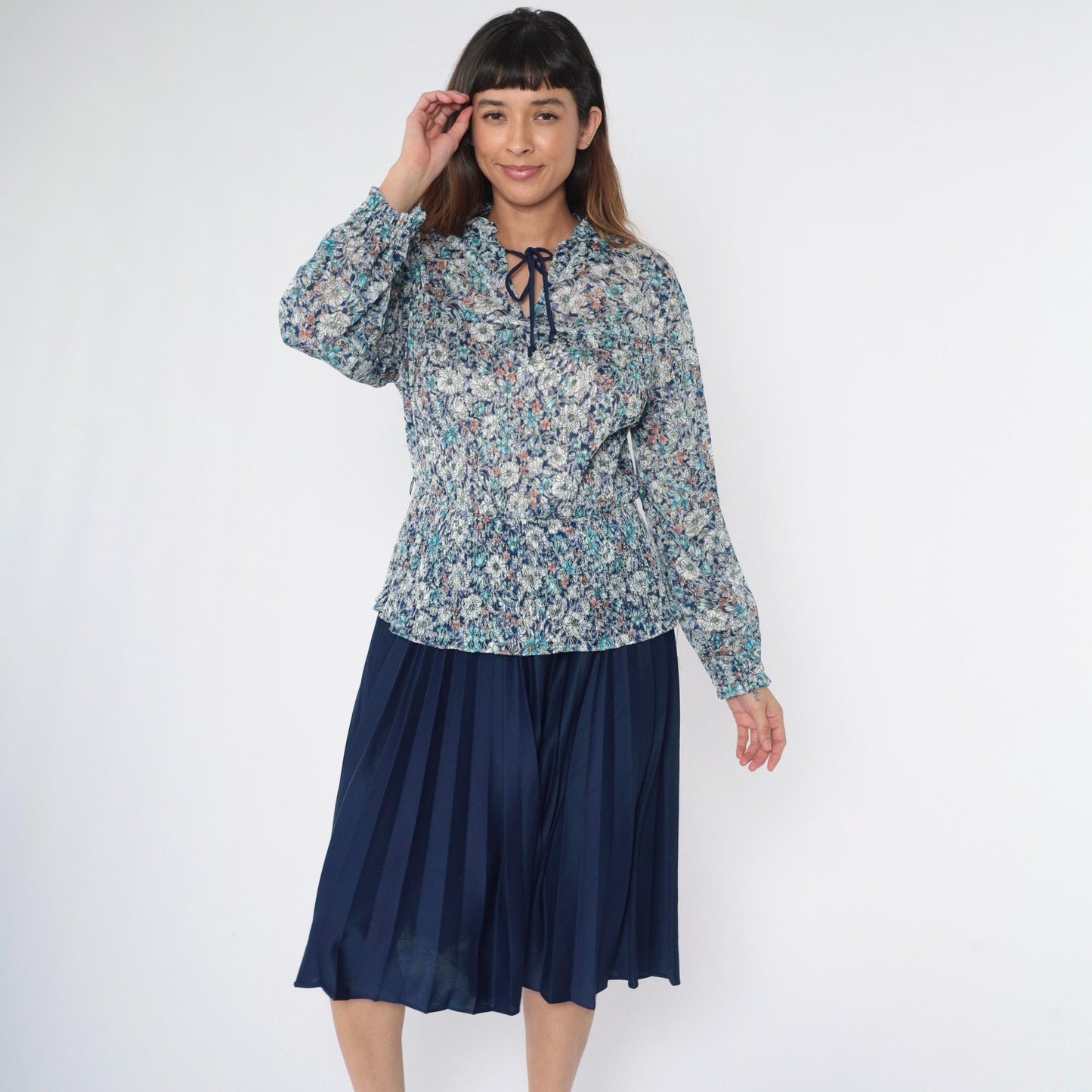 70s Blue Floral Lace Midi Dress Long Sleeve Ruffle Collar Smocked Waist Medium Large