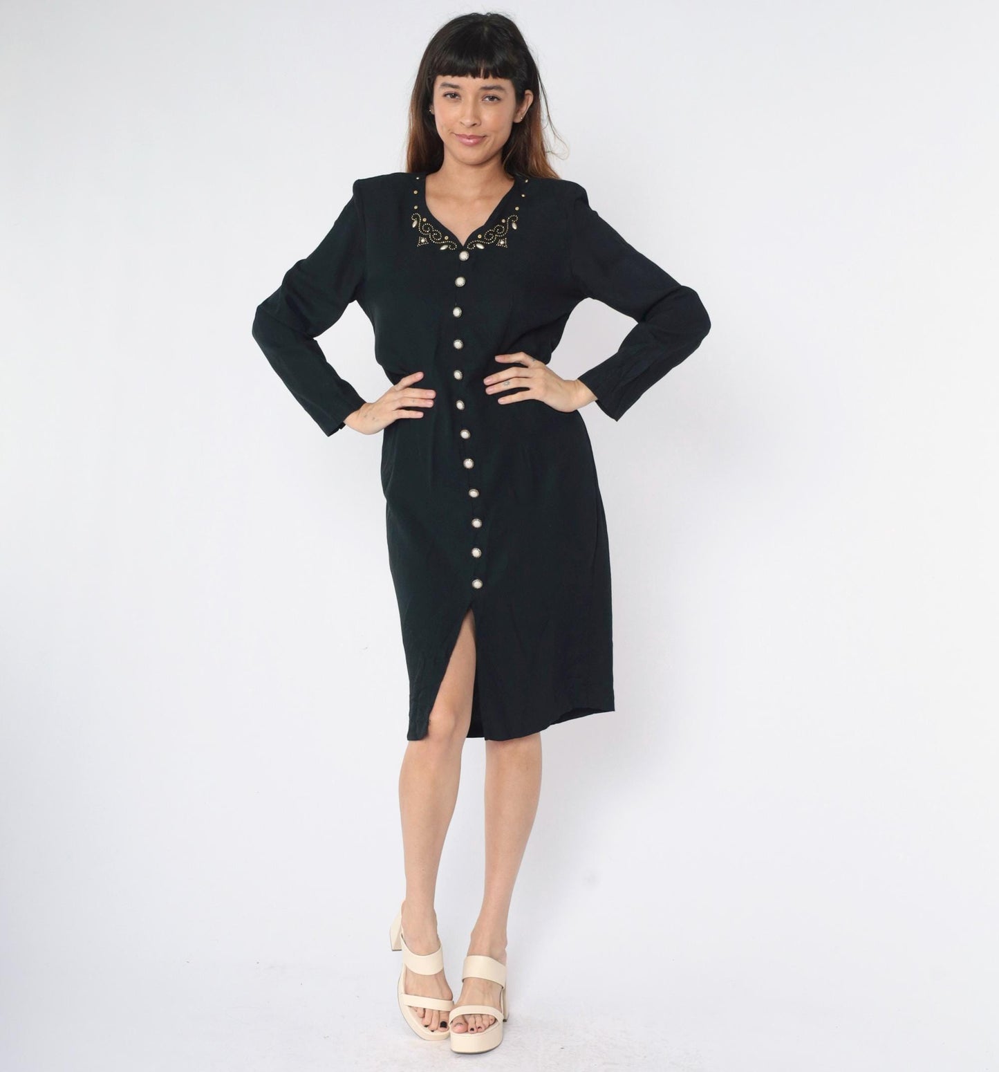 90s Black Beaded Sheath Dress Gold Studs Long Sleeve Button Front Midi Medium