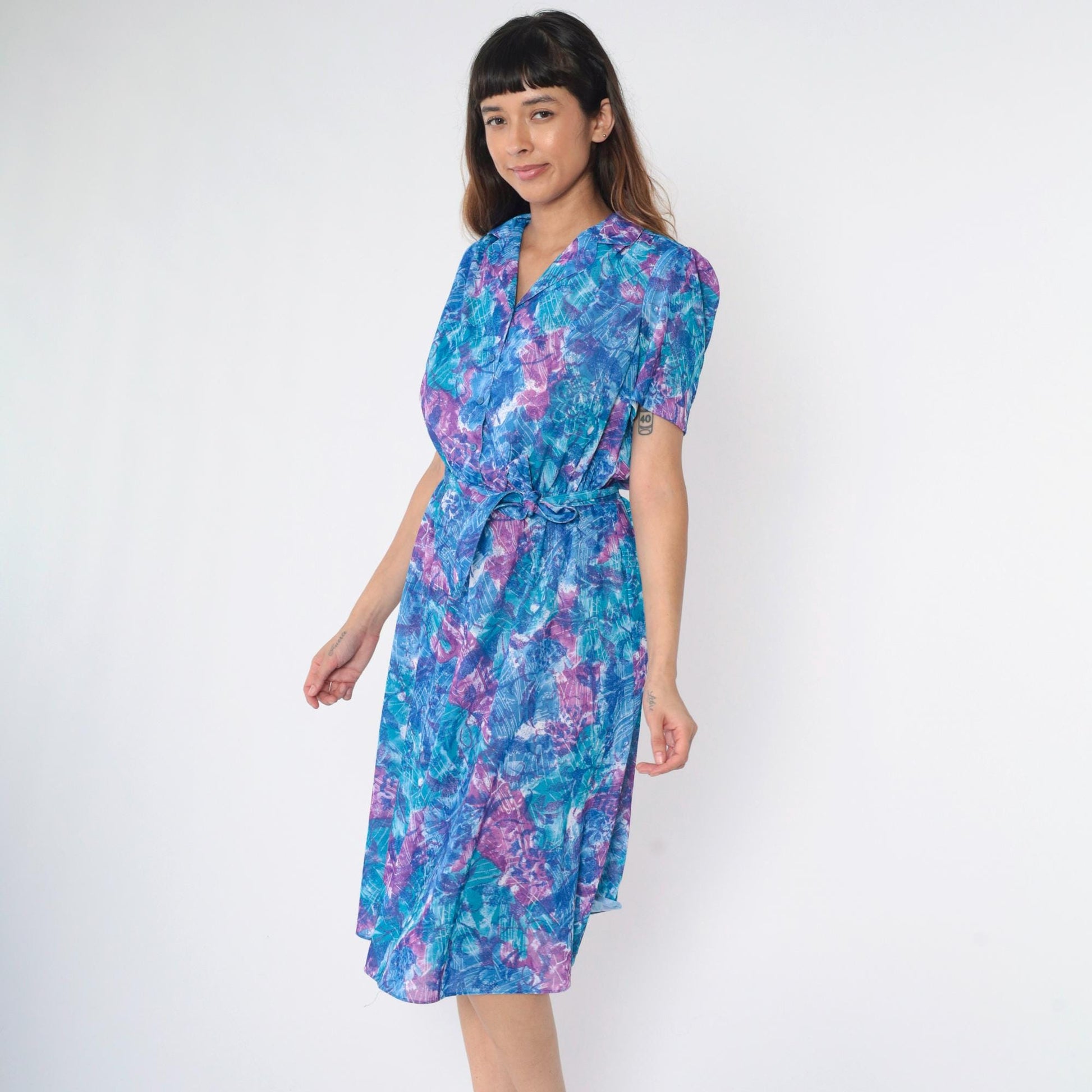 80s Abstract Floral Midi Dress Blue Purple Puff Sleeve Button Up High Waisted Small Medium