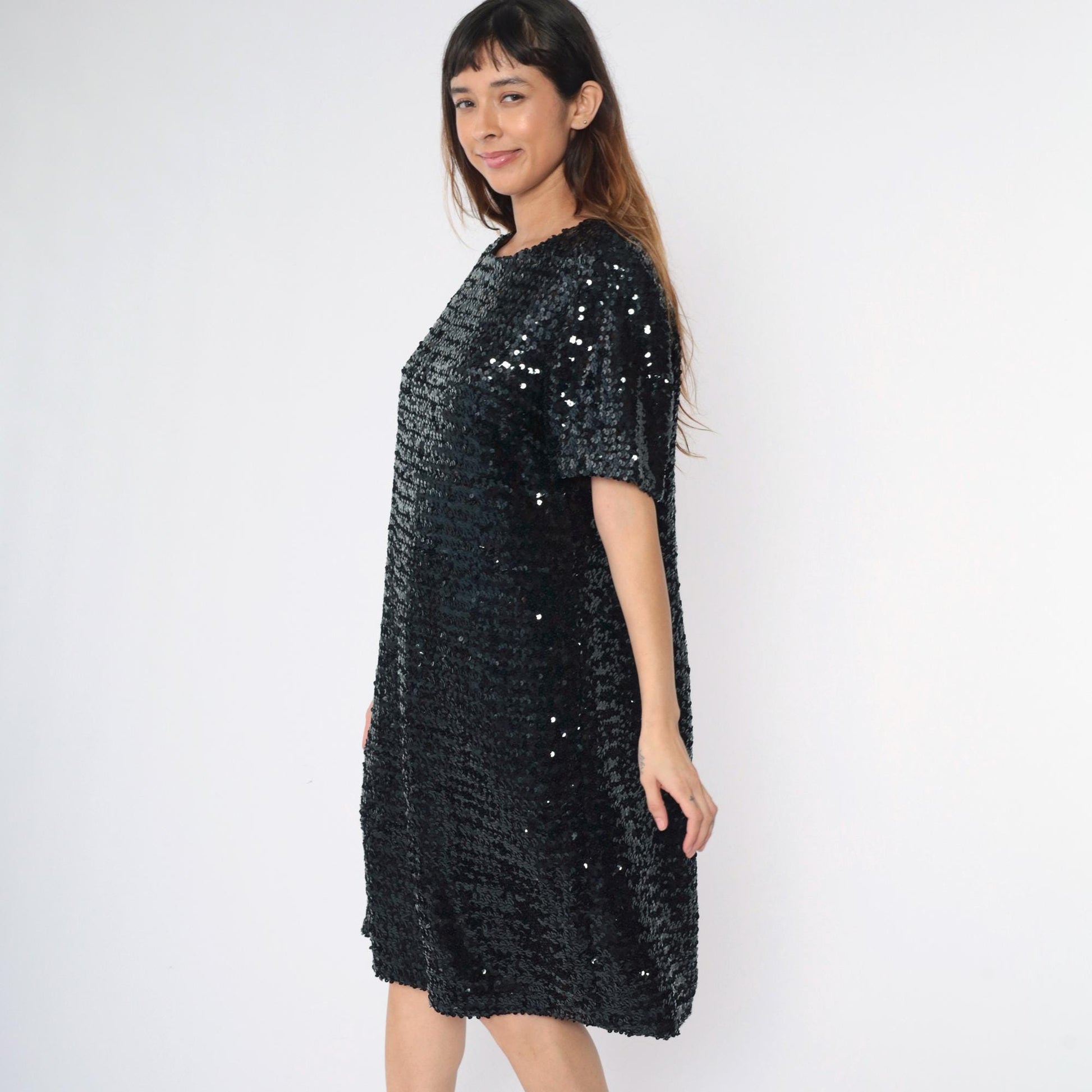 80s Black Sequin Midi Dress Short Sleeve Round Neck Shift Large L