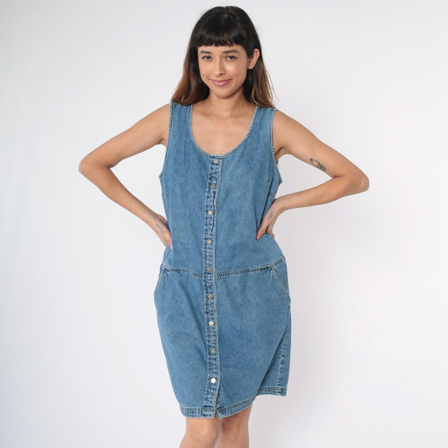 Y2K Blue Denim Jumper Dress Button-Up Sleeveless Knee-Length Large 12