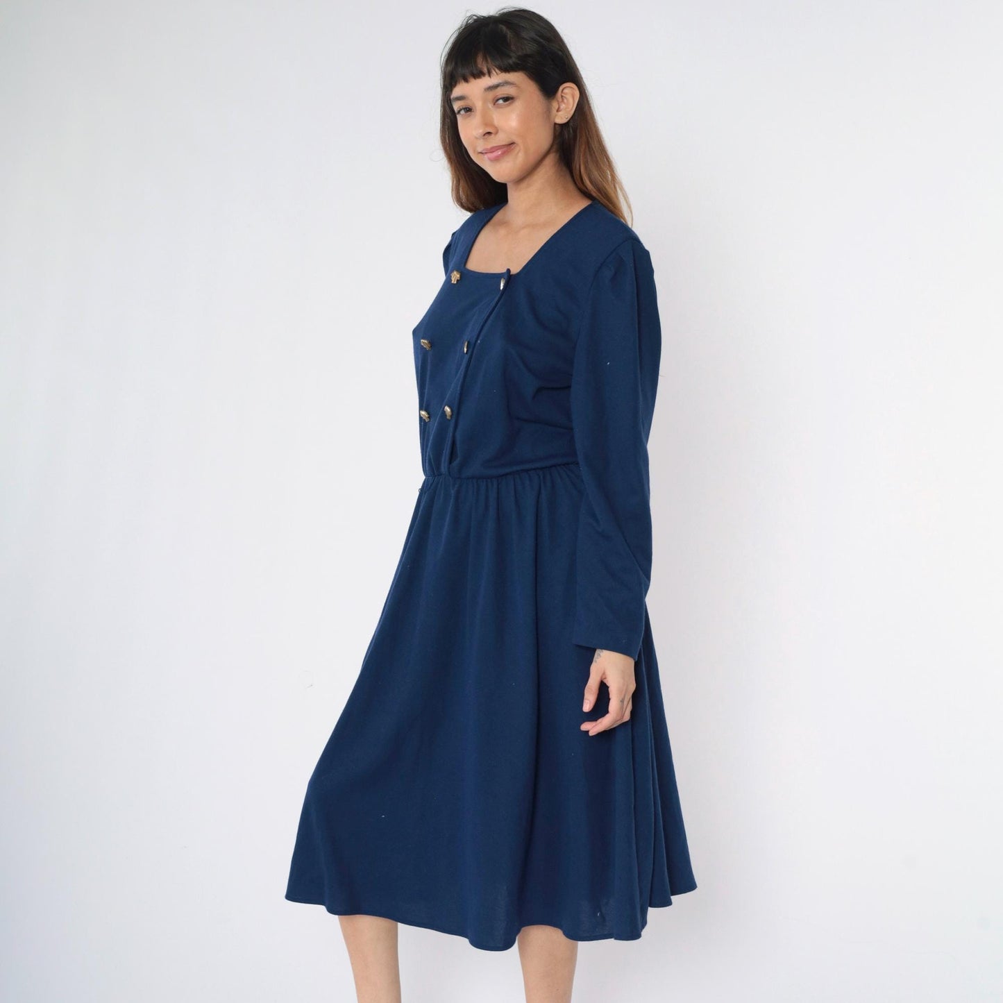 80s Tabby of California Navy Double Breasted Midi Shirtdress Puff Sleeve Medium Large