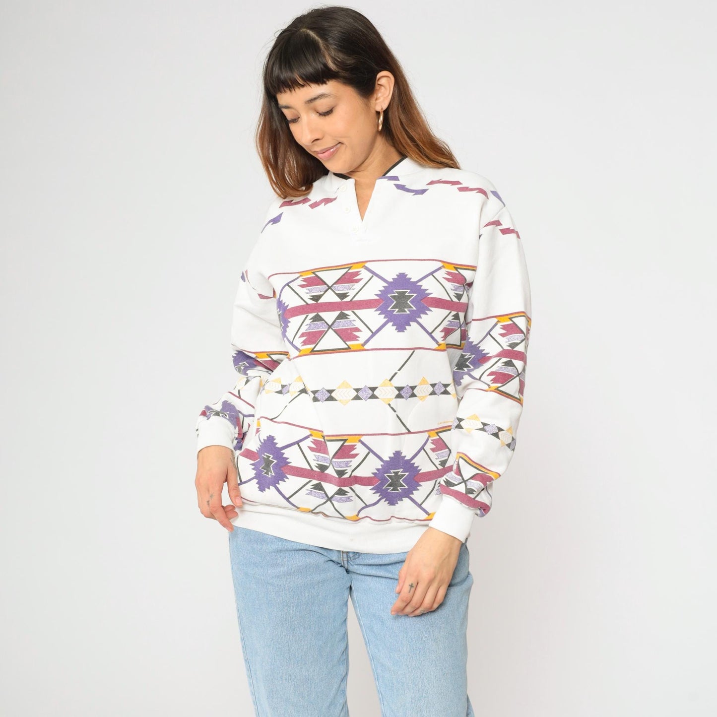 90s Southwestern Print Sweatshirt White Henley Neckline Medium M