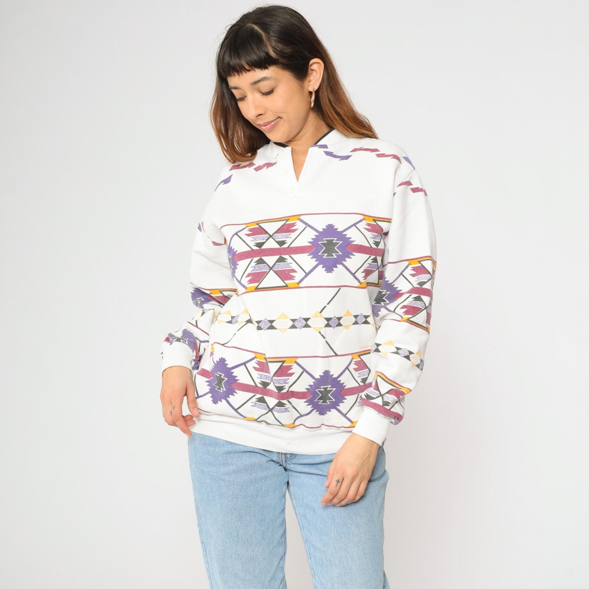 90s Southwestern Print Sweatshirt White Henley Neckline Medium M