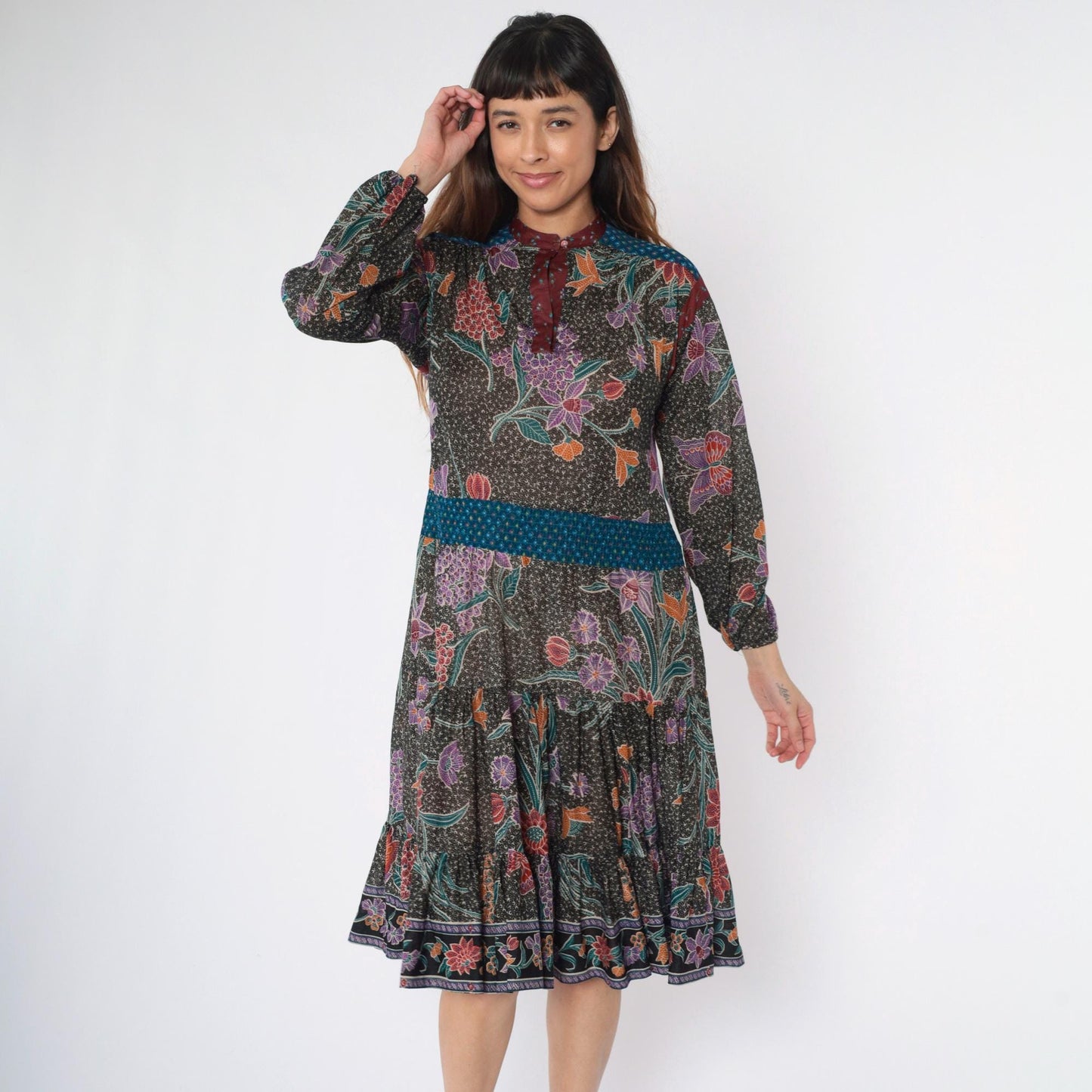 70s Black Floral Midi Dress High Neck Smocked Waist Long Sleeve Medium M