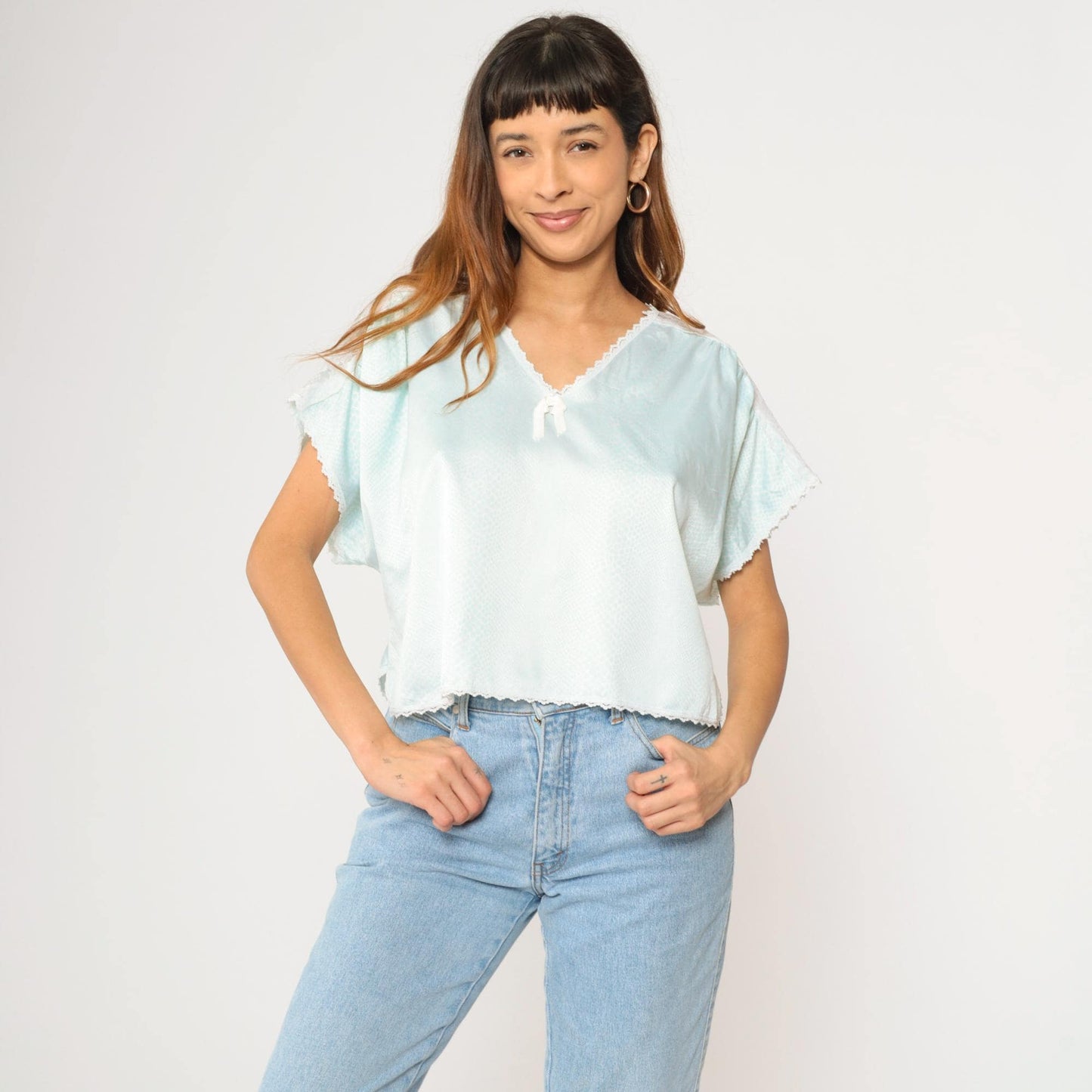 80s Aqua Satin Snakeskin Pajama Top Lace Trim Cropped V-Neck Medium