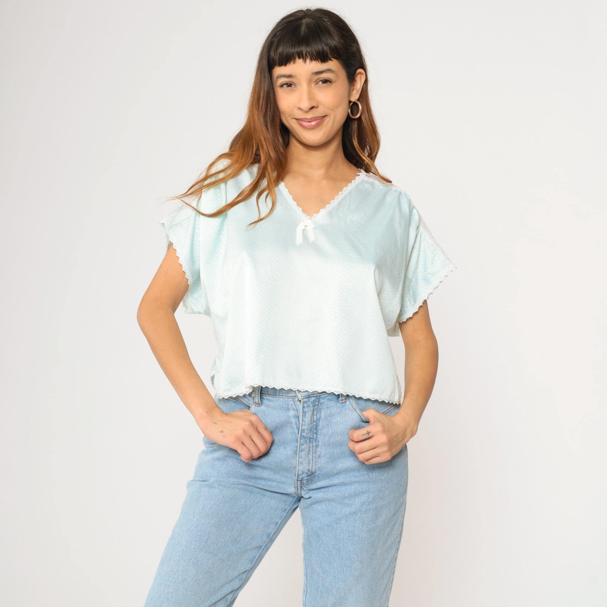 80s Aqua Satin Snakeskin Pajama Top Lace Trim Cropped V-Neck Medium