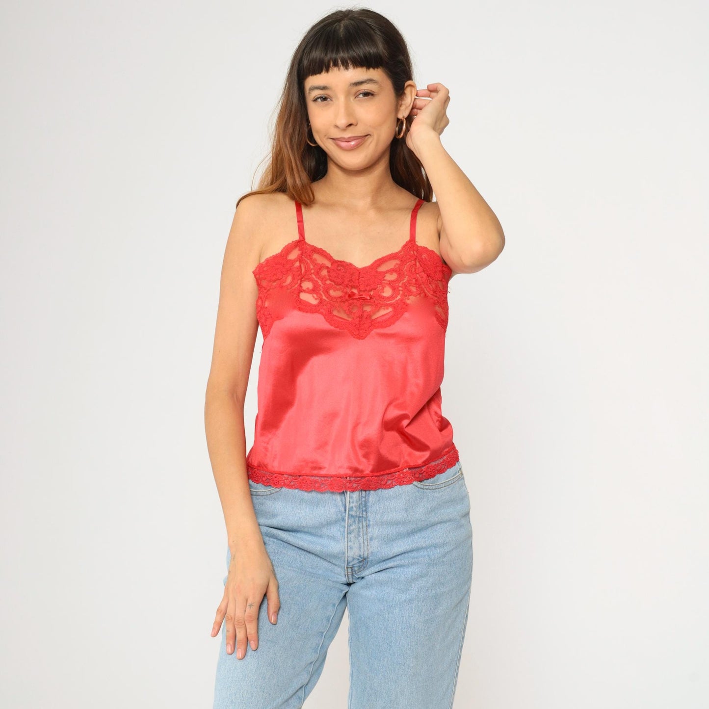 80s Red Satin Camisole Lace Trim Sweetheart Neckline Small S