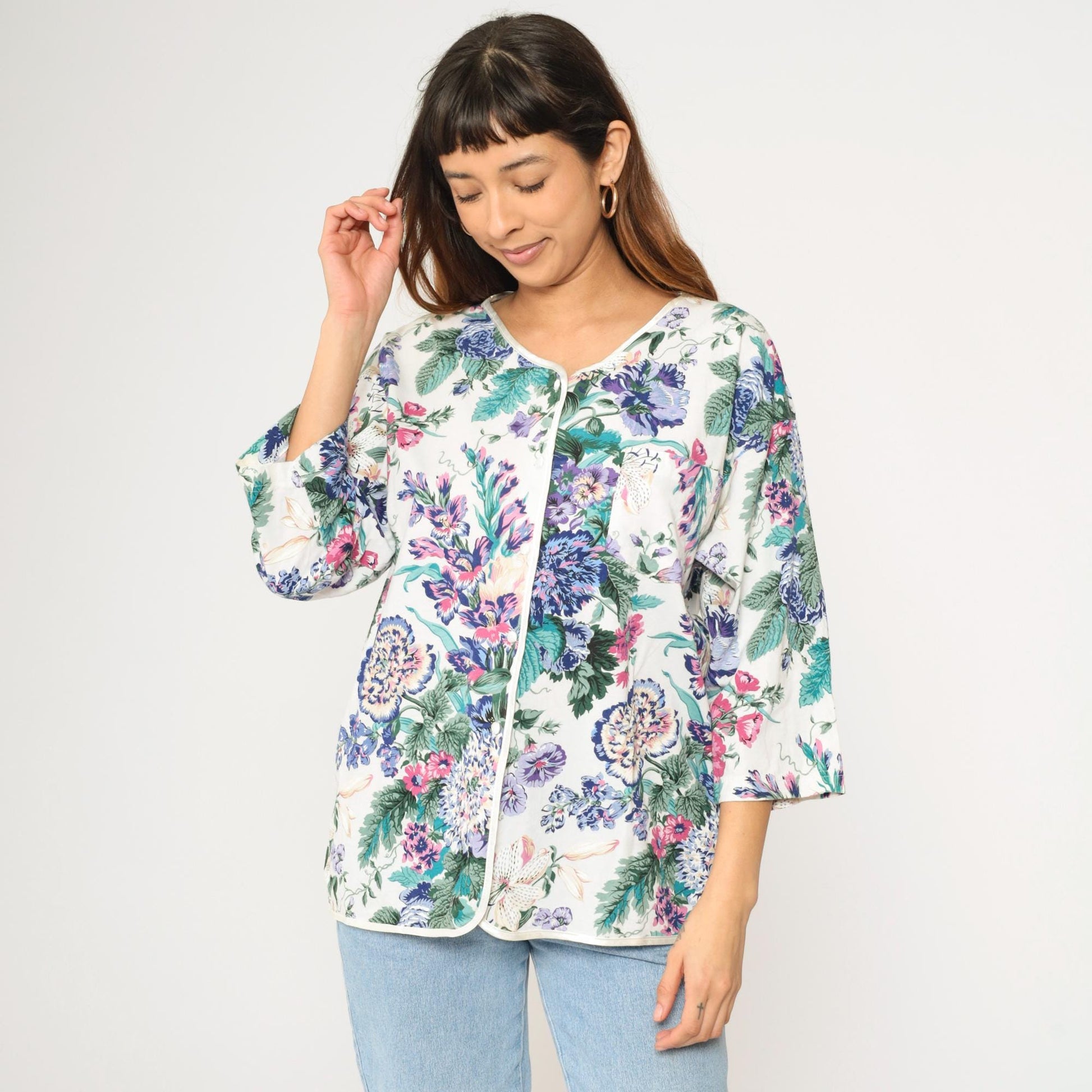 90s Earth Angels Floral Cotton Blouse White Purple Blue Green Piped Trim Large