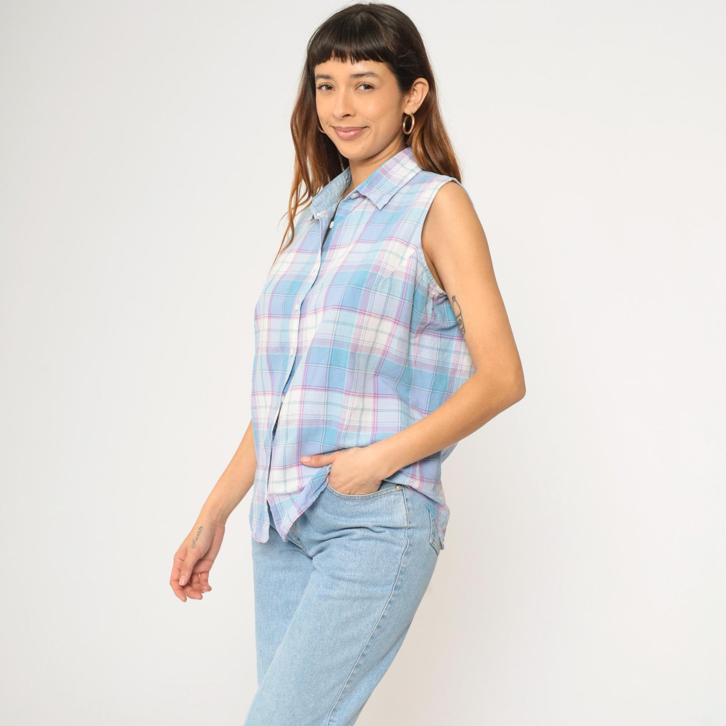 90s Wrangler Blues Plaid Sleeveless Blouse Button-Up Tank Blue White Purple Large L