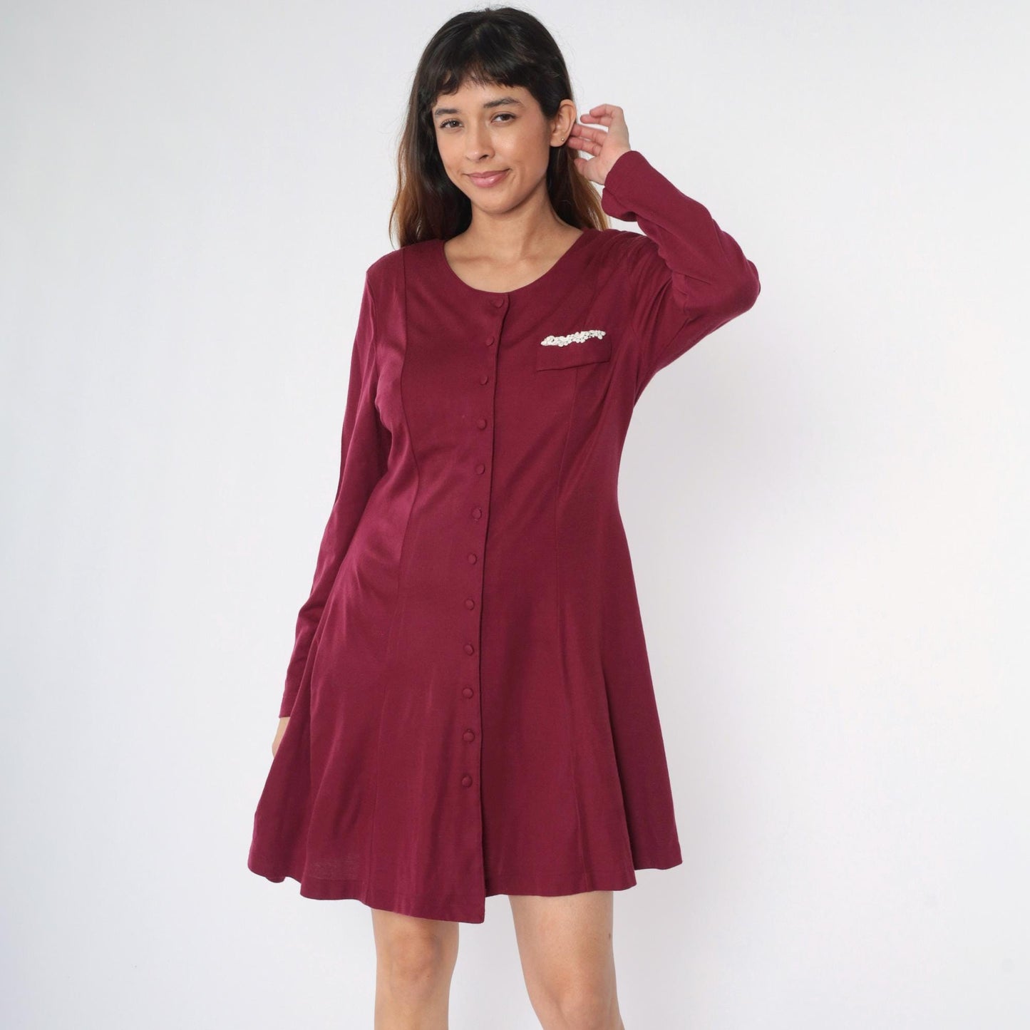 90s Burgundy Mini Shirtdress Long Sleeve Button Down Tie Back Medium M