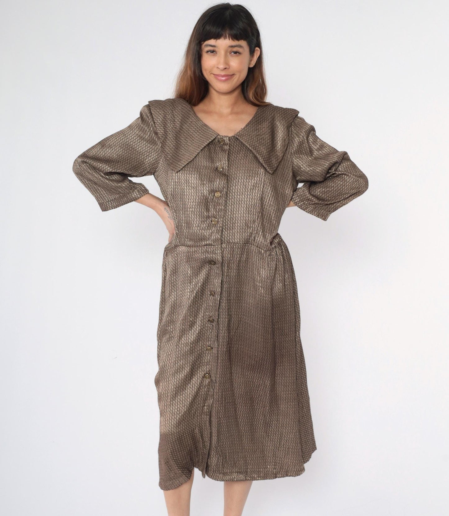 80s Gold Metallic Button-Down Midi Dress Wide Collar Long Sleeve Medium Large