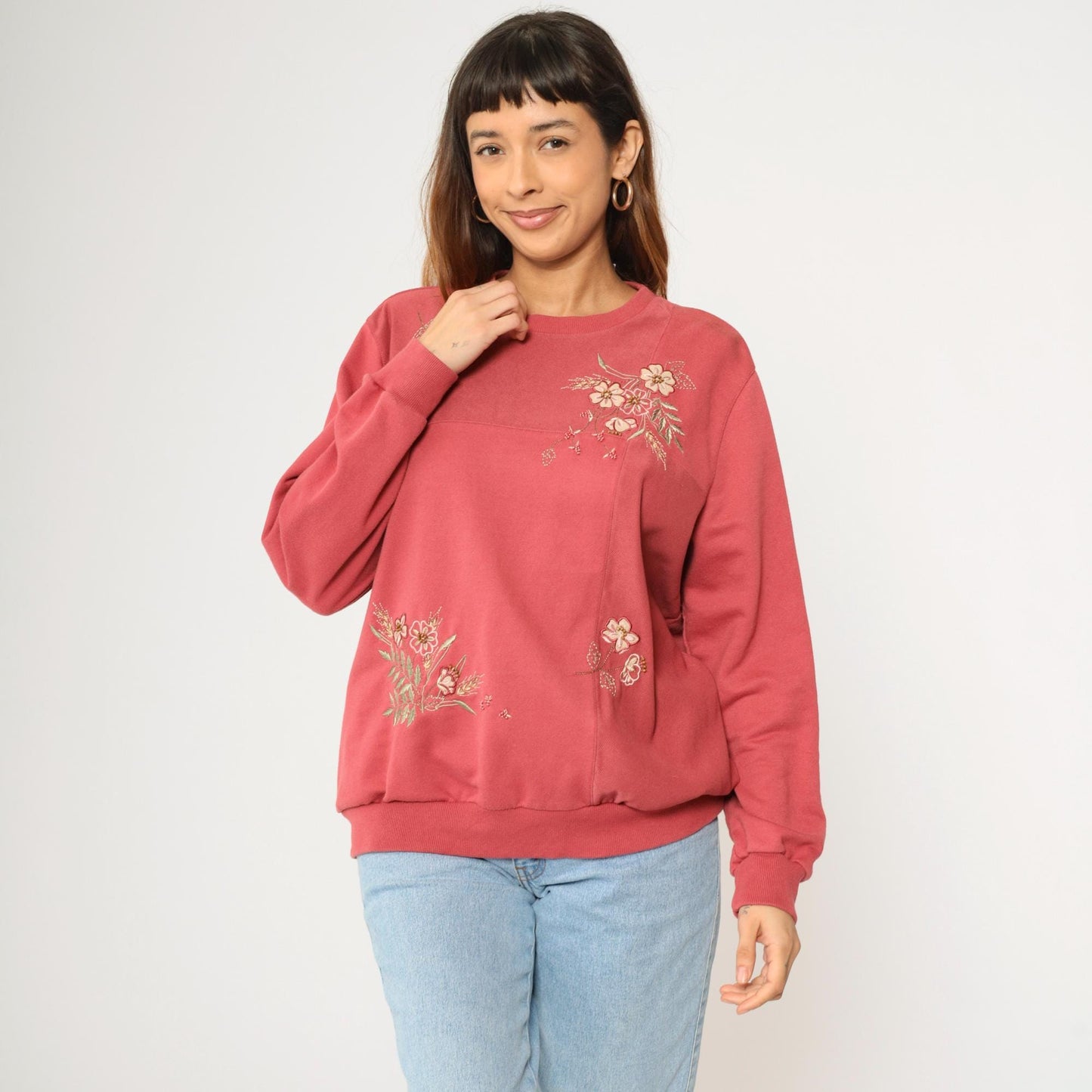 Y2K Alfred Dunner Floral Embroidered Sweatshirt Coral Pink Beaded Crewneck Large L