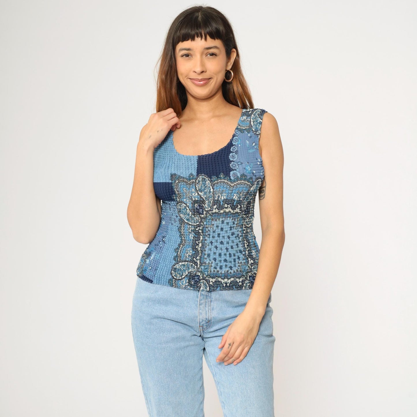 Y2K Paisley Patchwork Tank Top Blue Crinkle Textured Scoop Neck Large L