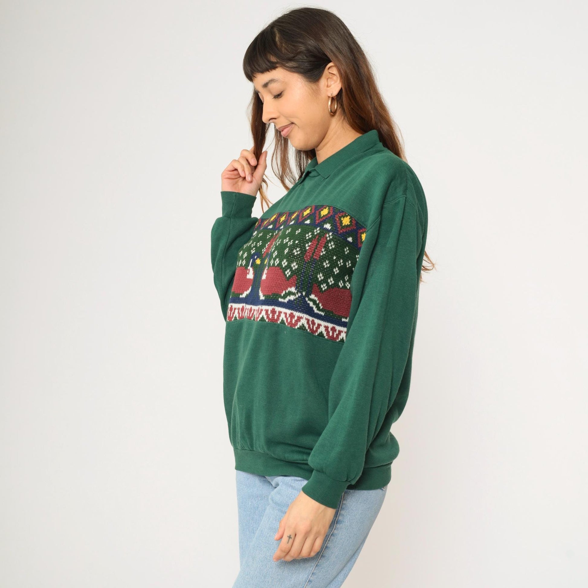 90s Duck Cattails Knit Sweatshirt Dark Green Collared Jumper Small S