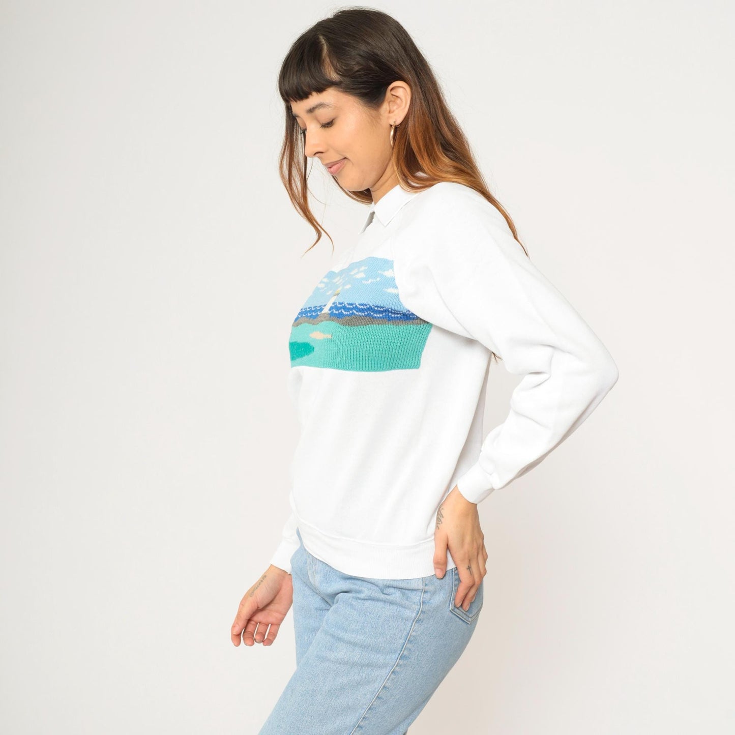 90s Hanes Golf Sweatshirt Lighthouse Scene Knit Panel White Small
