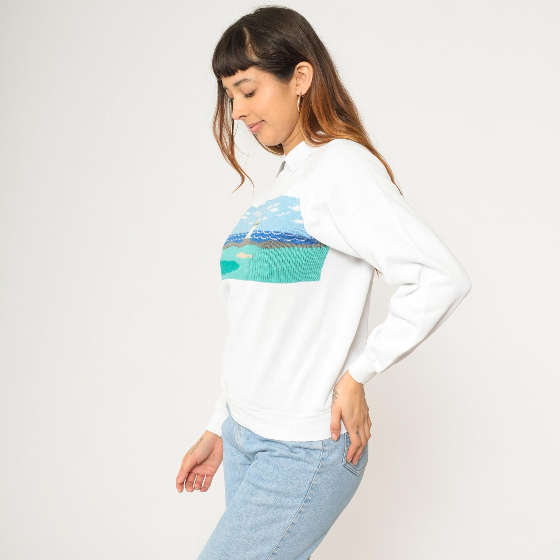 90s Hanes Golf Sweatshirt Lighthouse Scene Knit Panel White Small