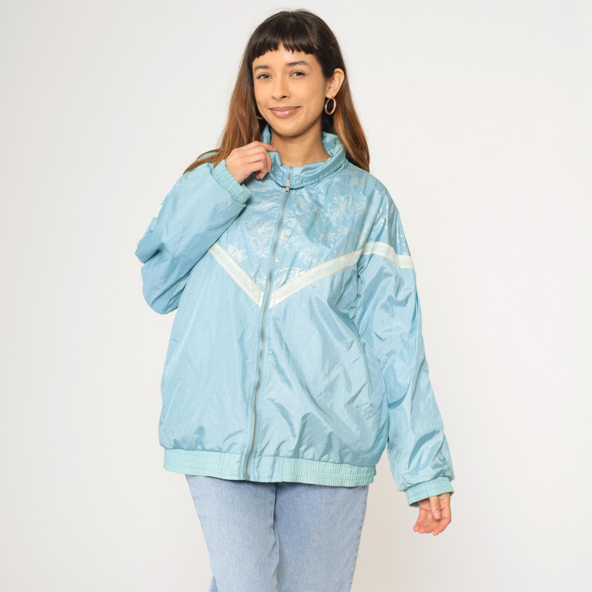 90s Forenza Windbreaker Jacket Light Blue Floral Chevron Stripe Nylon Large L