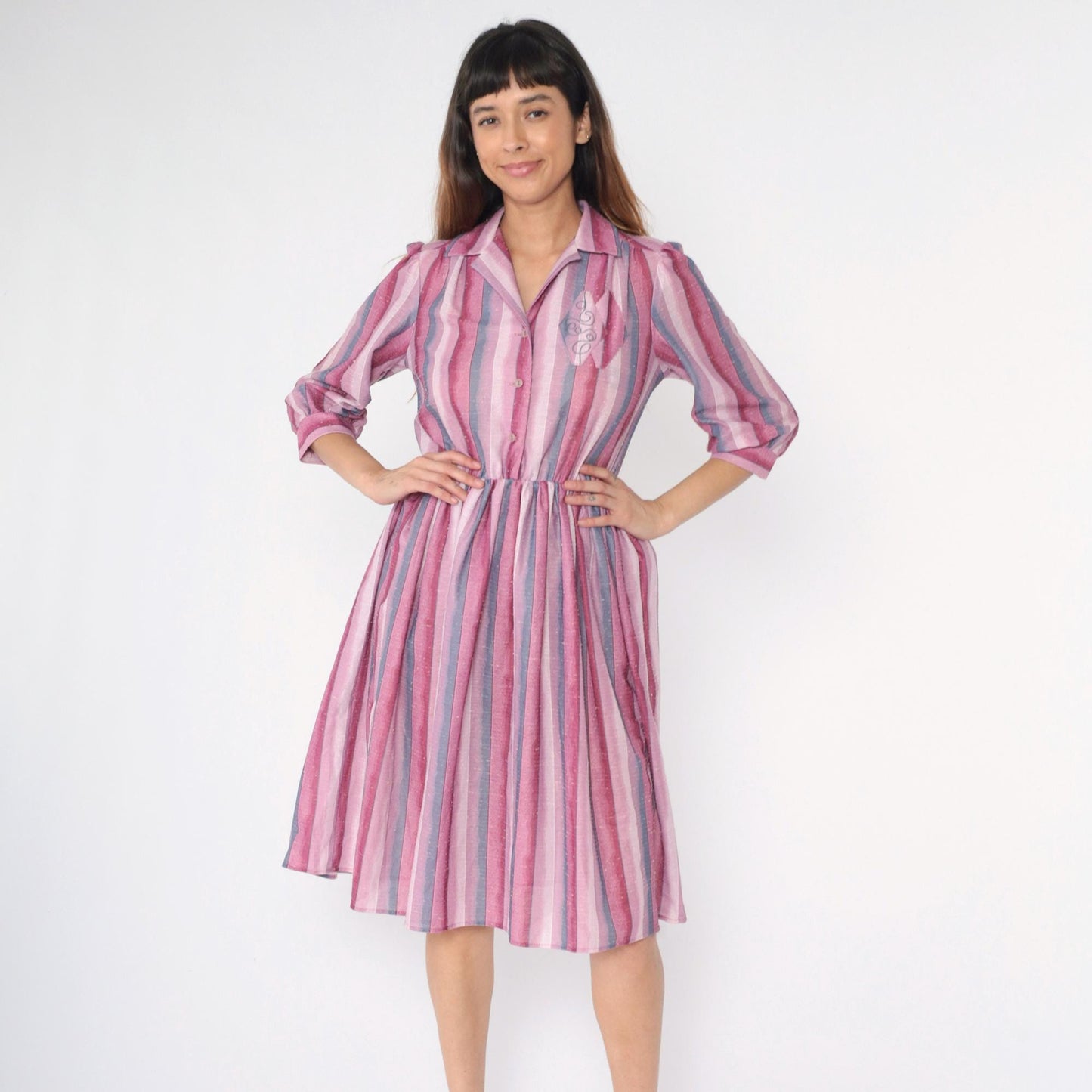 80s Pink Purple Striped Midi Shirtdress Embroidered Collar Button Up Medium M