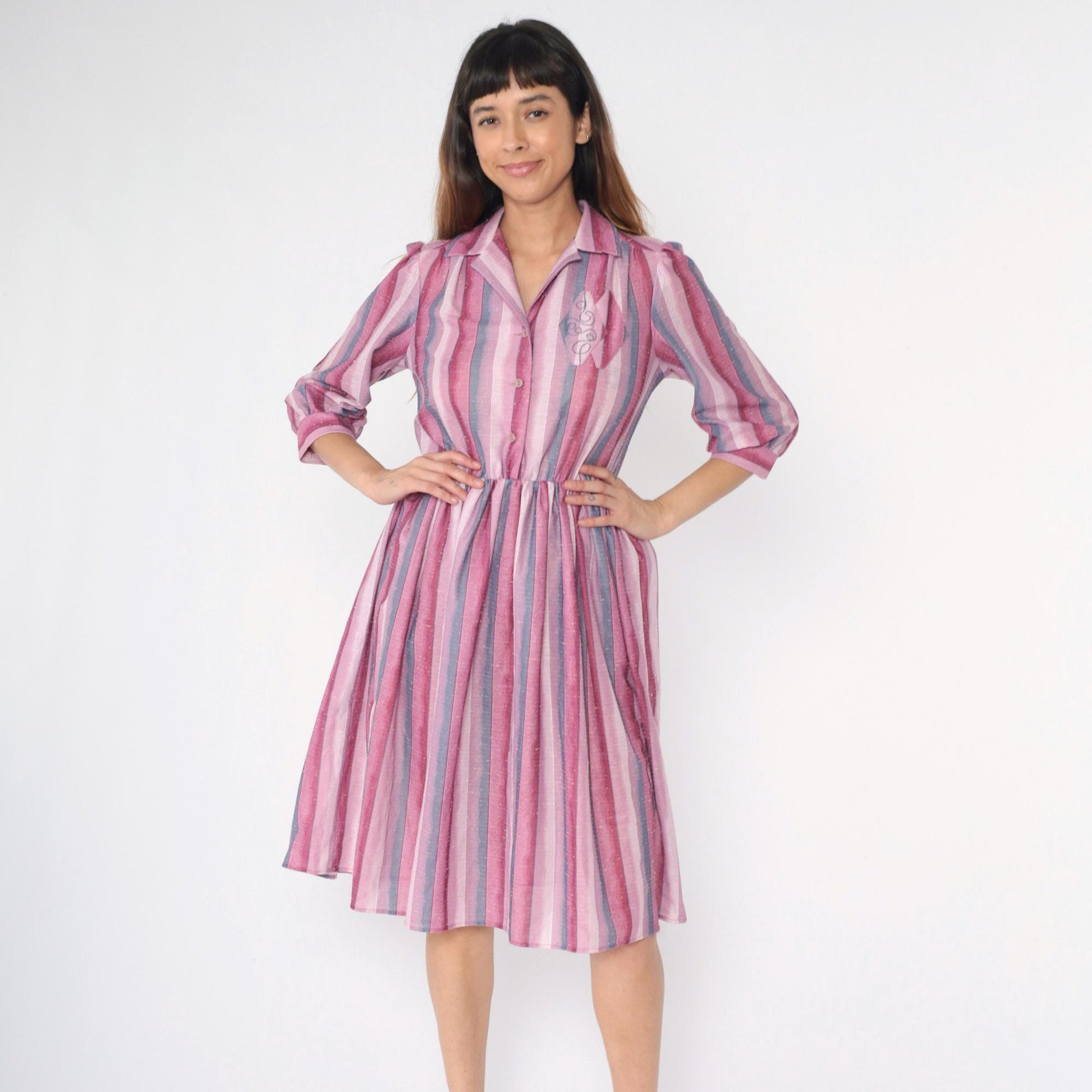 80s Pink Purple Striped Midi Shirtdress Embroidered Collar Button Up Medium M