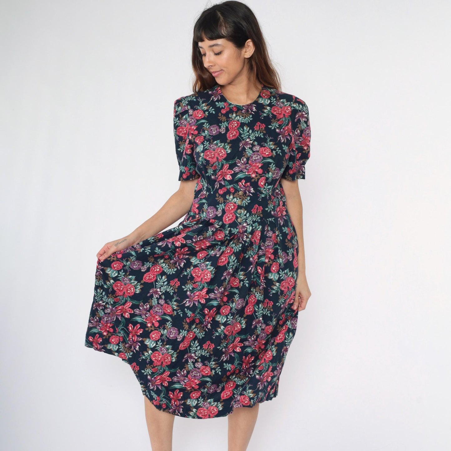 80s Navy Floral Midi Dress Puff Sleeve Basque Waist Smocked Back Medium Petite