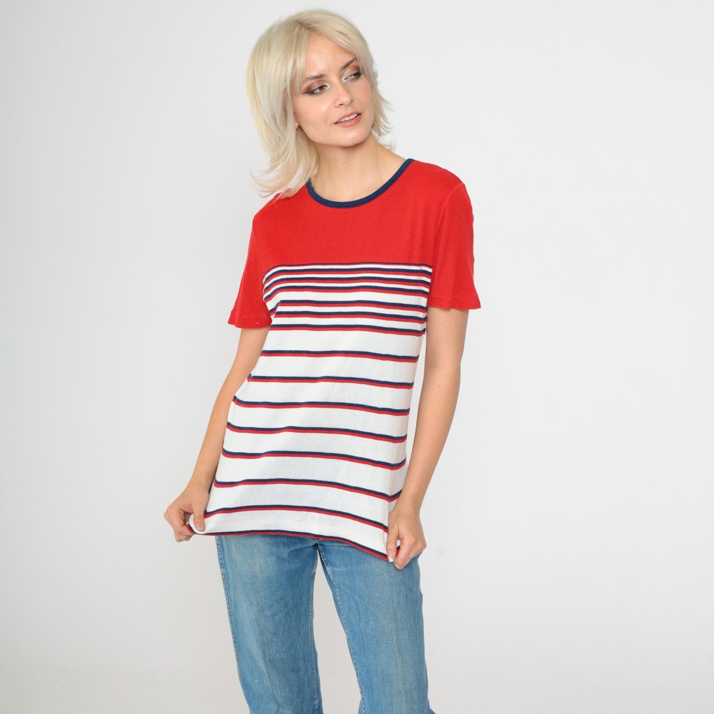 80s Aileen Striped Knit Top Red White Navy Ringer Neck Short Sleeve Medium M