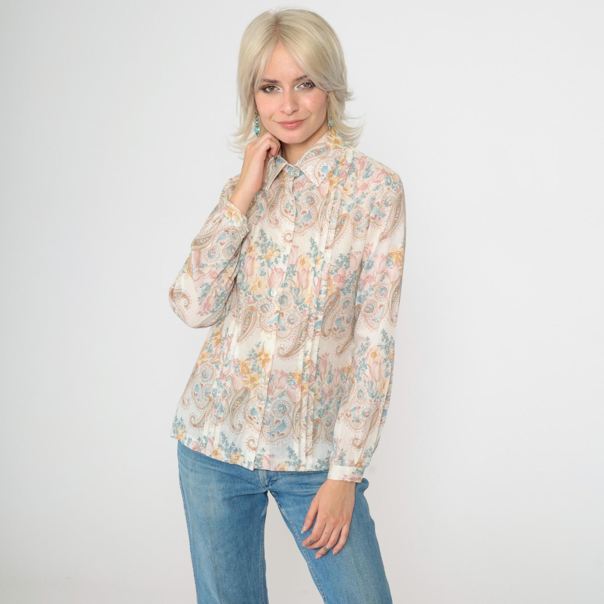 70s Floral Paisley Button-Up Blouse White Long Sleeve Pleated Shirt Small