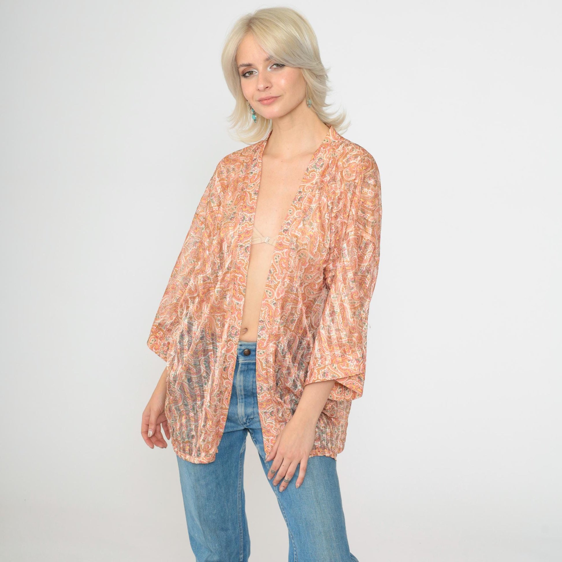 70s Paisley Kimono Jacket Peach Gold Sheer Wide Sleeve Open Front Medium Large