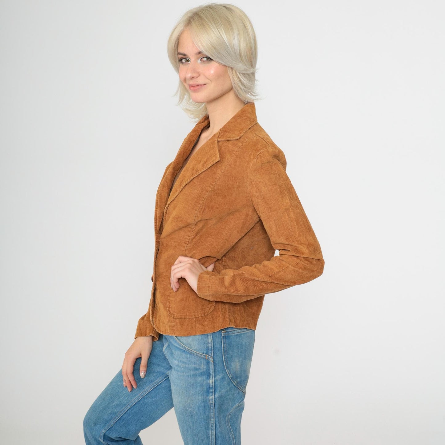 Late 70s Early 80s Brown Corduroy Blazer Notched Lapel Fitted Small S