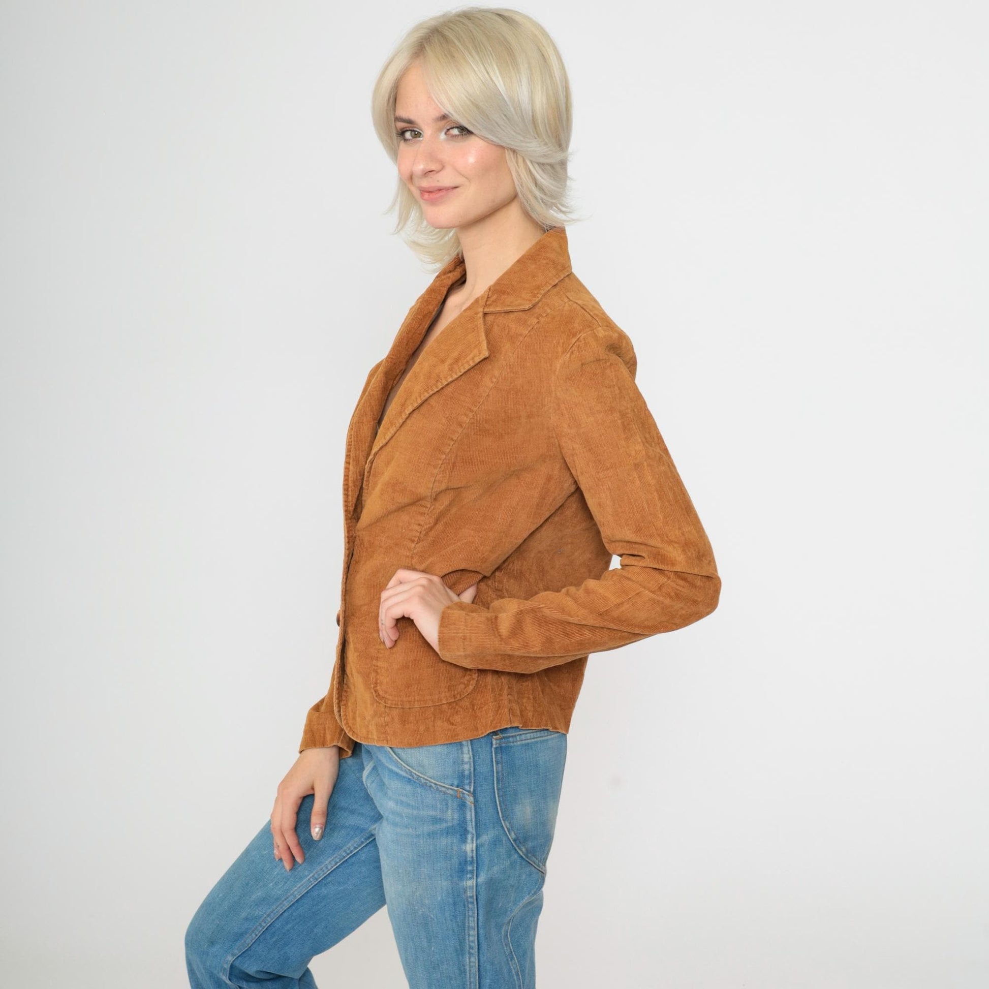Late 70s Early 80s Brown Corduroy Blazer Notched Lapel Fitted Small S