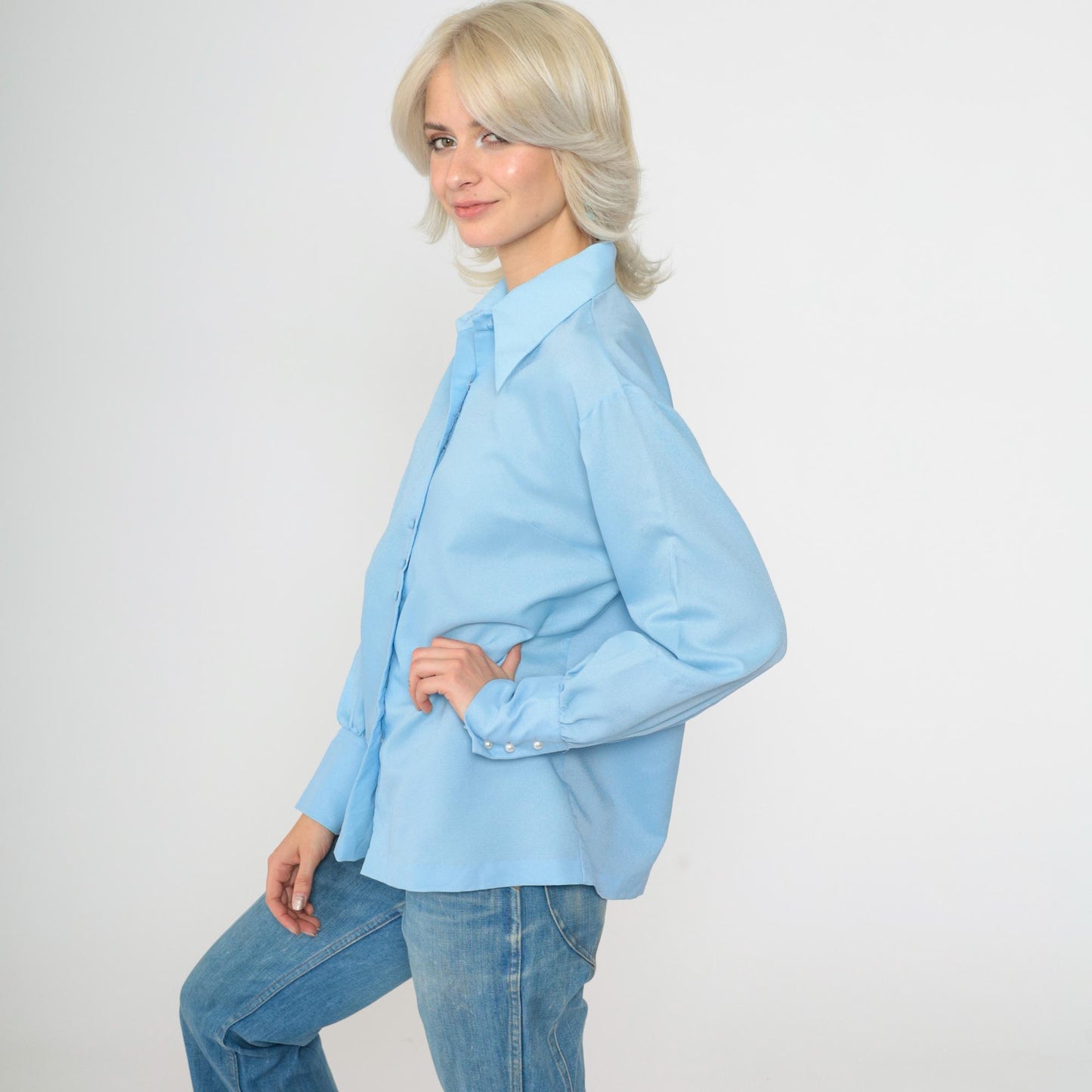 70s Baby Blue Button-Up Blouse Dagger Collar Long Sleeve Small