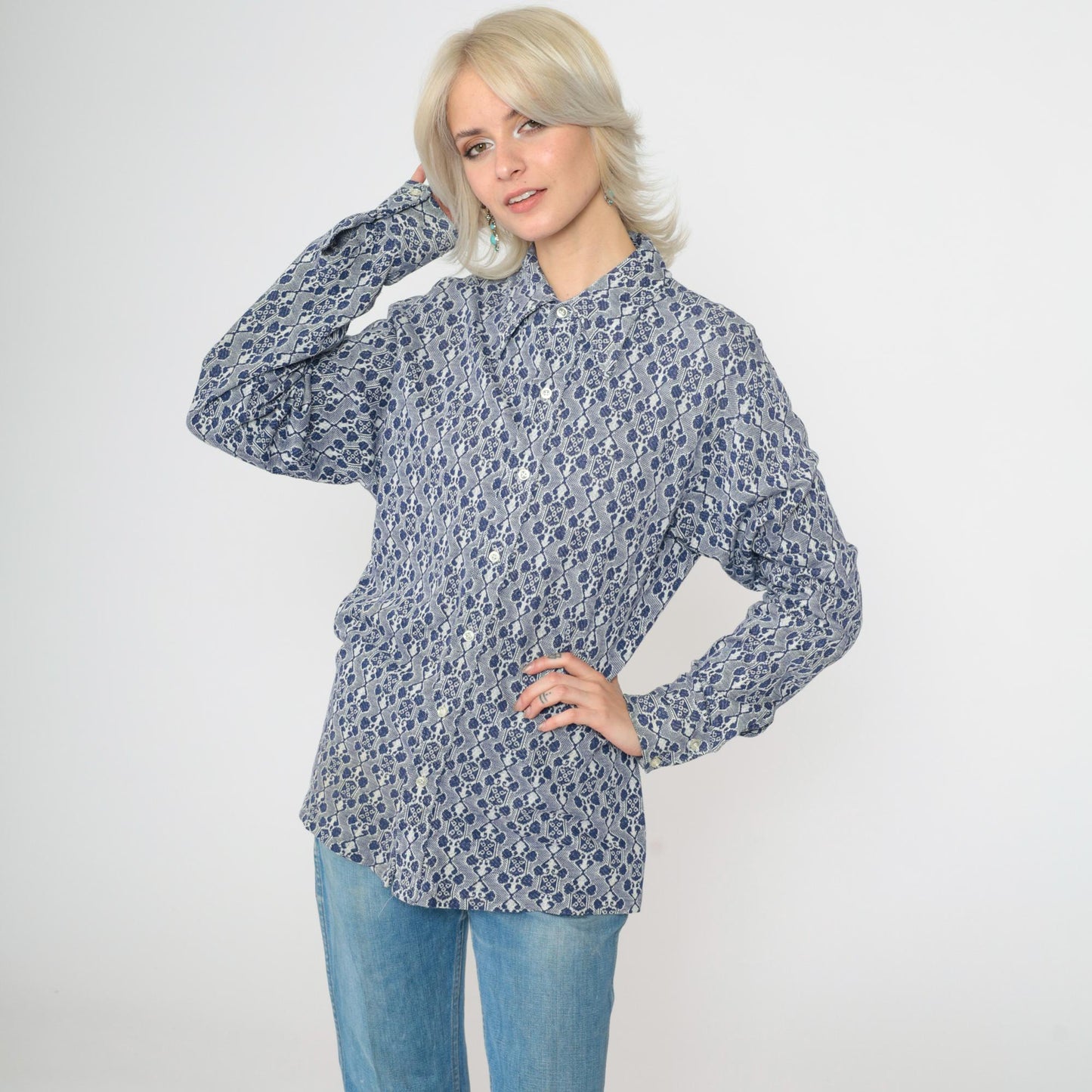70s Van Heusen Jacquard Geometric Button Up Shirt Blue White Large