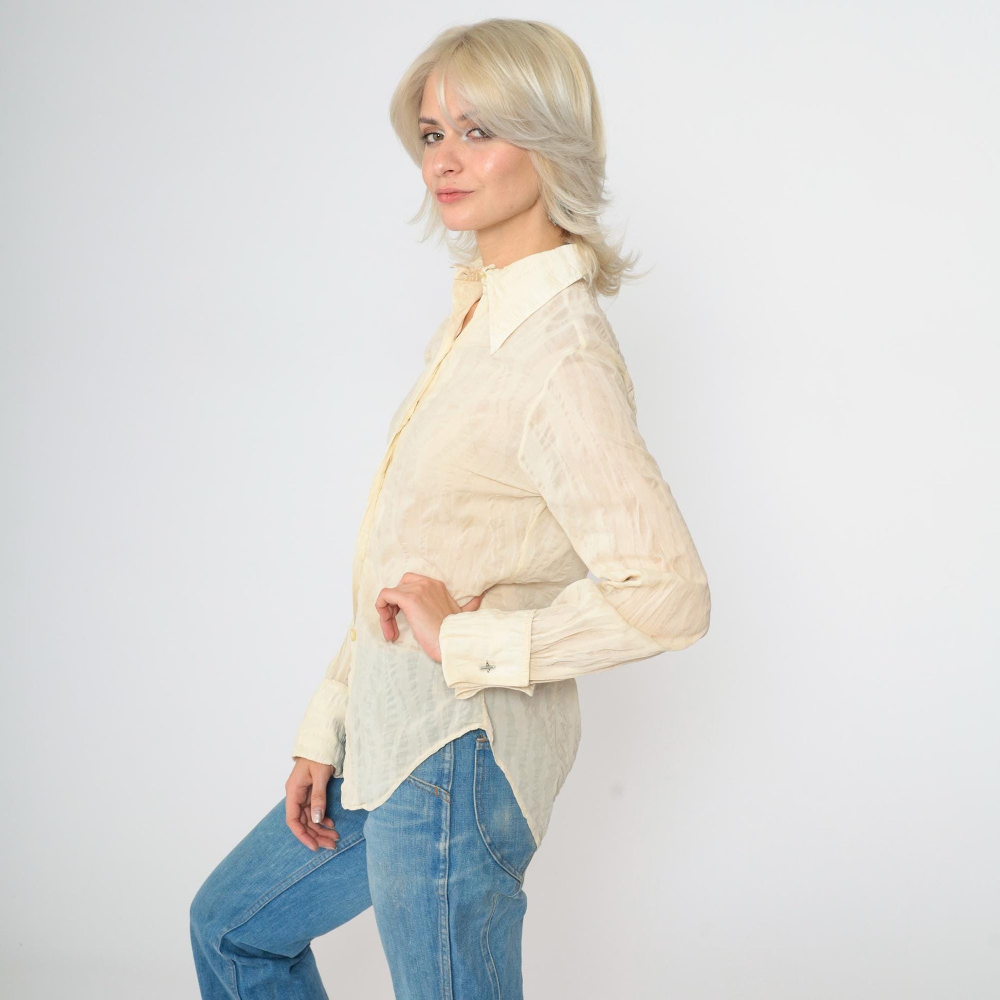 70s Morgan of London Cream Striped Dagger Collar Blouse Long Sleeve Small