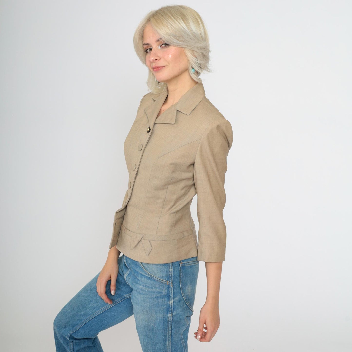 1950s Tan Wool Blend Fitted Blazer Cropped Waist 3/4 Sleeve Button Up Extra Small XS