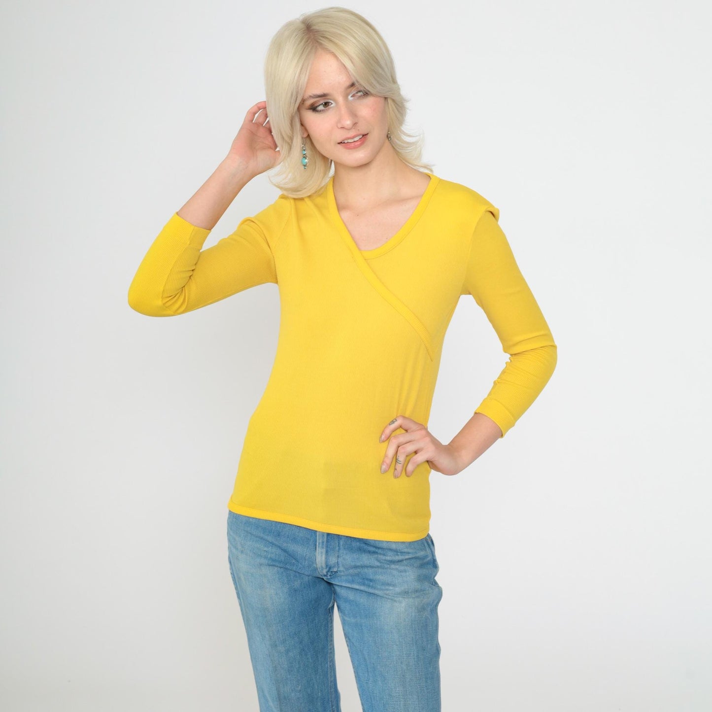 70s Yellow Ribbed Nylon Blouse Asymmetrical Faux Wrap V-Neck Long Sleeve XS